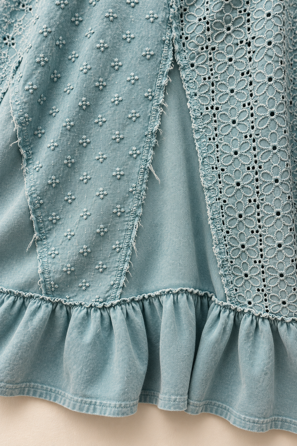 Boho Eyelet Patchwork Swing Dress – Teal Blue Flutter Sleeve