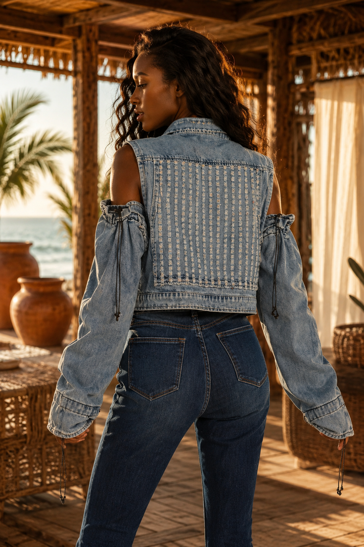 Medium Wash Removable Sleeves Denim Vest Denim Jacket
