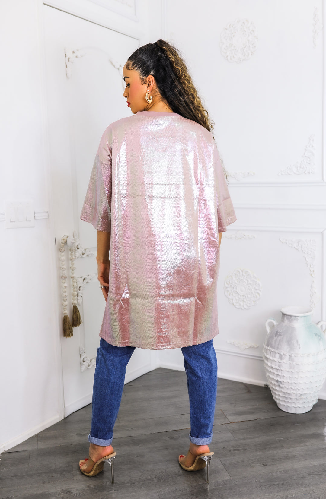 Holographic Pink Oversized Tunic Tee – “Girl” Graphic Shine