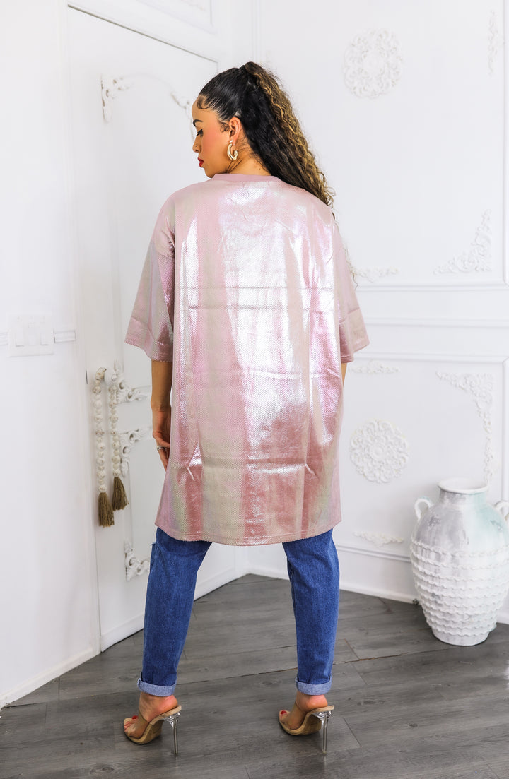 Holographic Pink Oversized Tunic Tee – “Girl” Graphic Shine