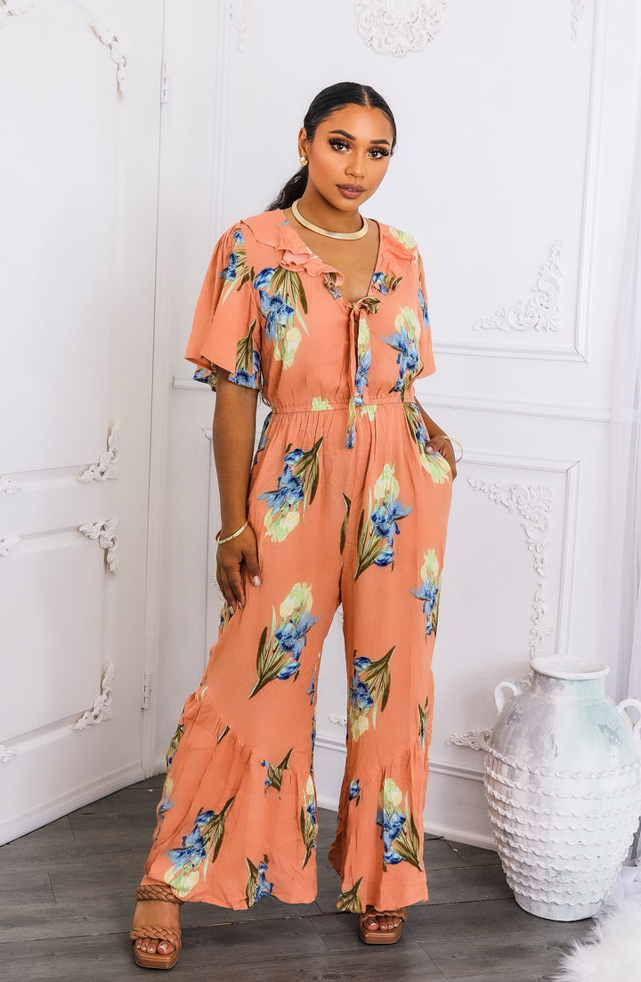 Peach Floral Ruffle Jumpsuit – Wide-Leg Summer One-Piece