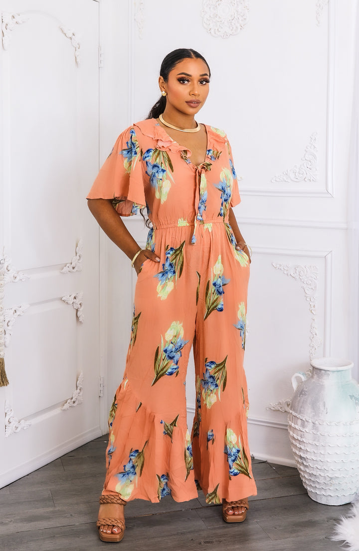 Peach Floral Ruffle Jumpsuit – Wide-Leg Summer One-Piece