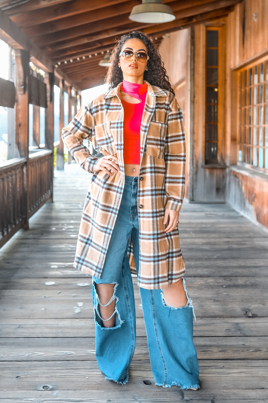 Camel Plaid Long Shacket – Oversized Button Down Coat for Women