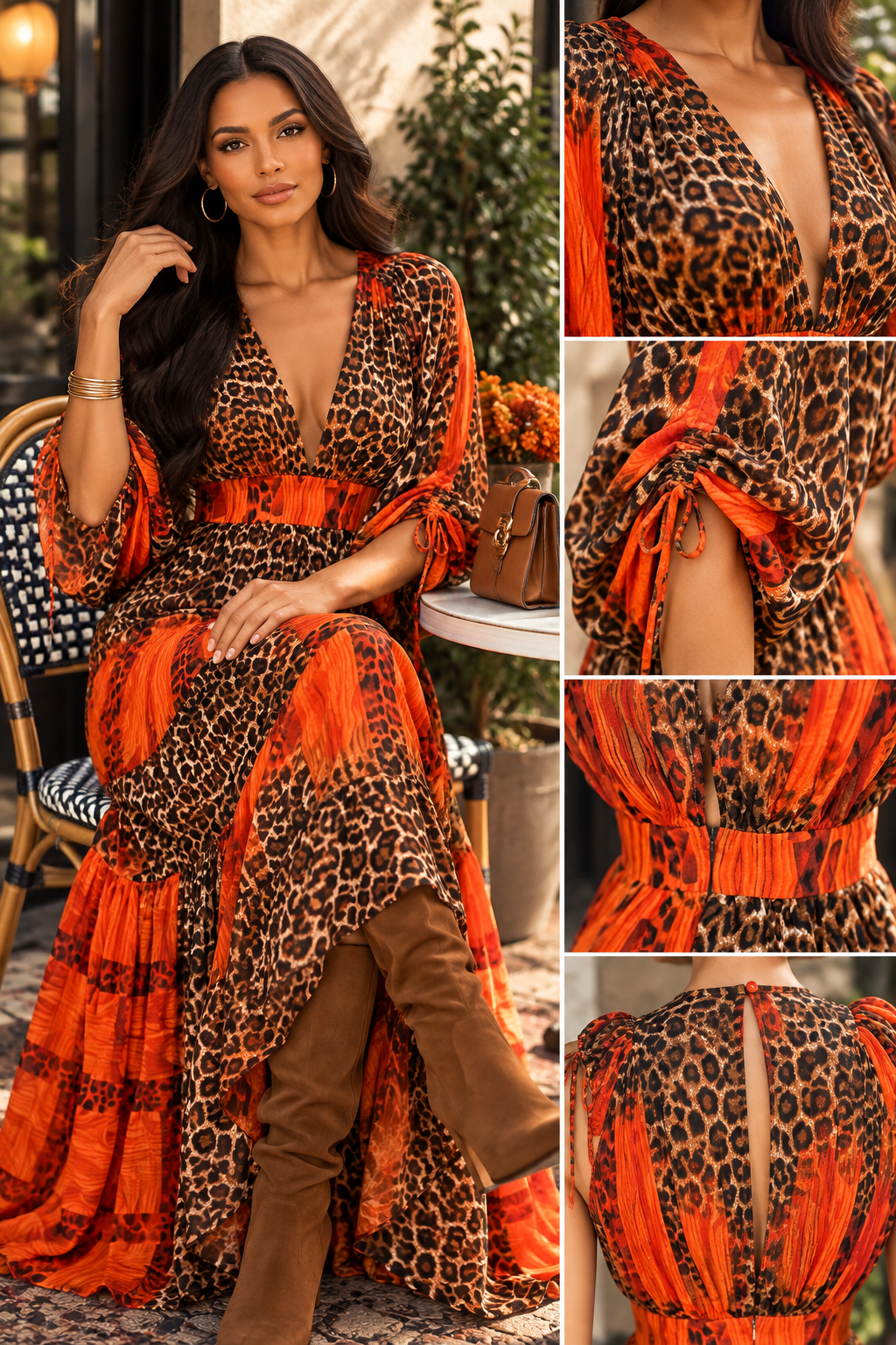 Rust Animal Print Dolman Sleeve Maxi Dress | Convertible Long-to-Sleeveless Tiered Dress
