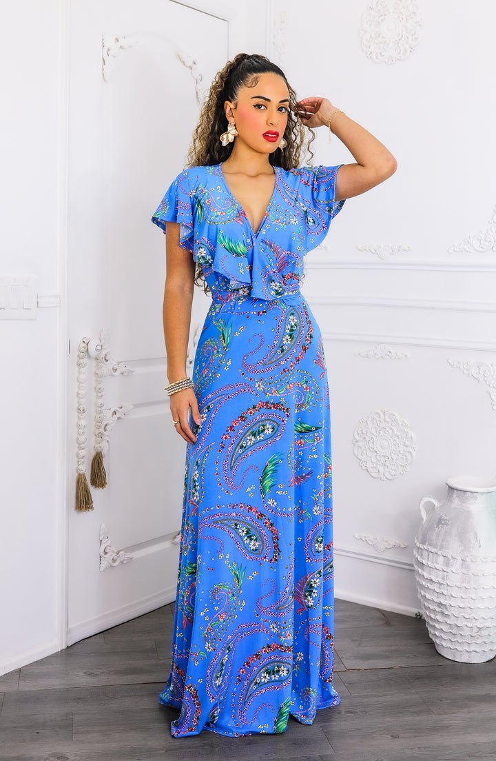 Blue Paisley On or Off-Shoulder Maxi Dress