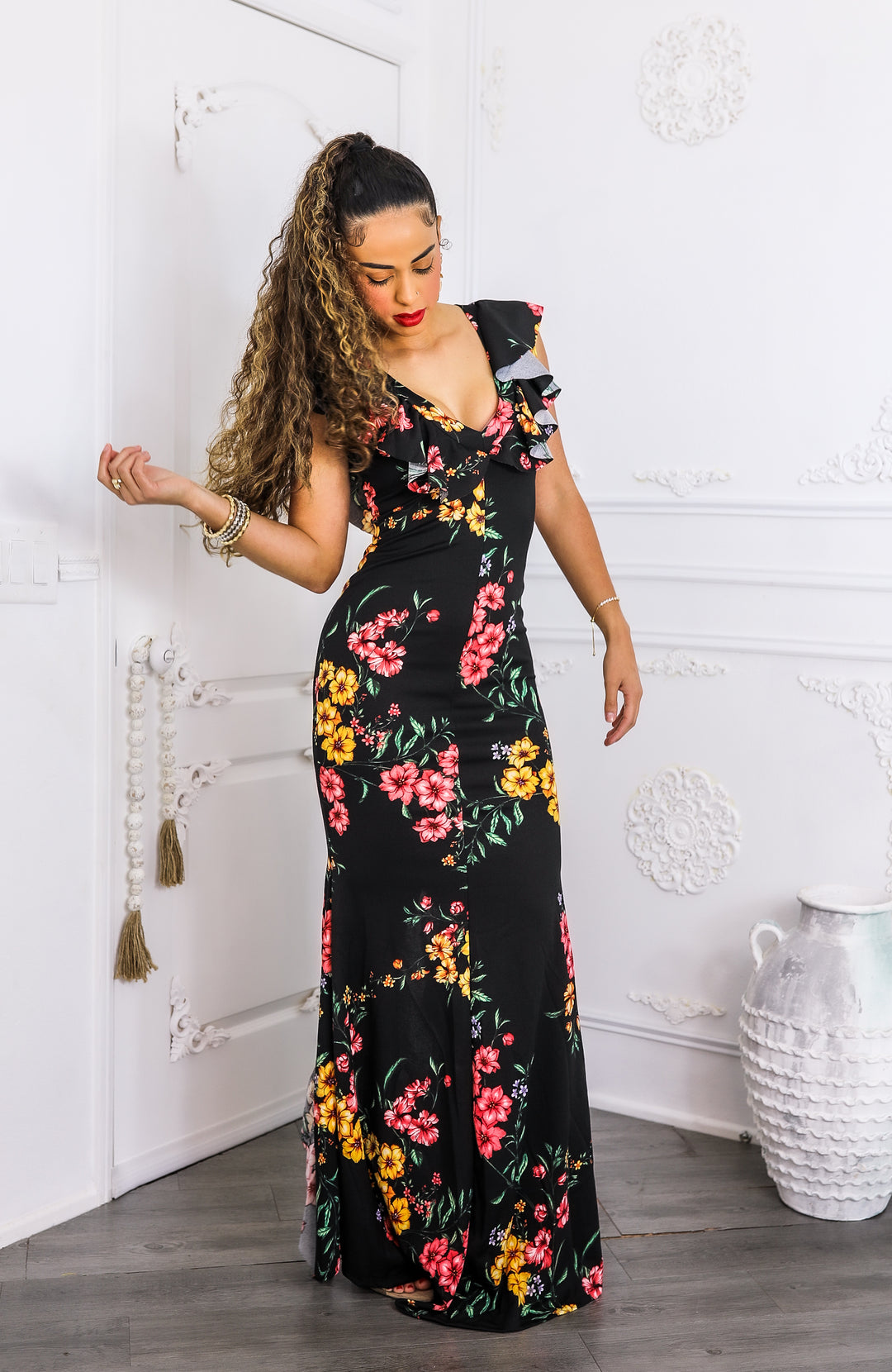 Two-Way Black Floral Ruffle Maxi Dress | SurelyMine