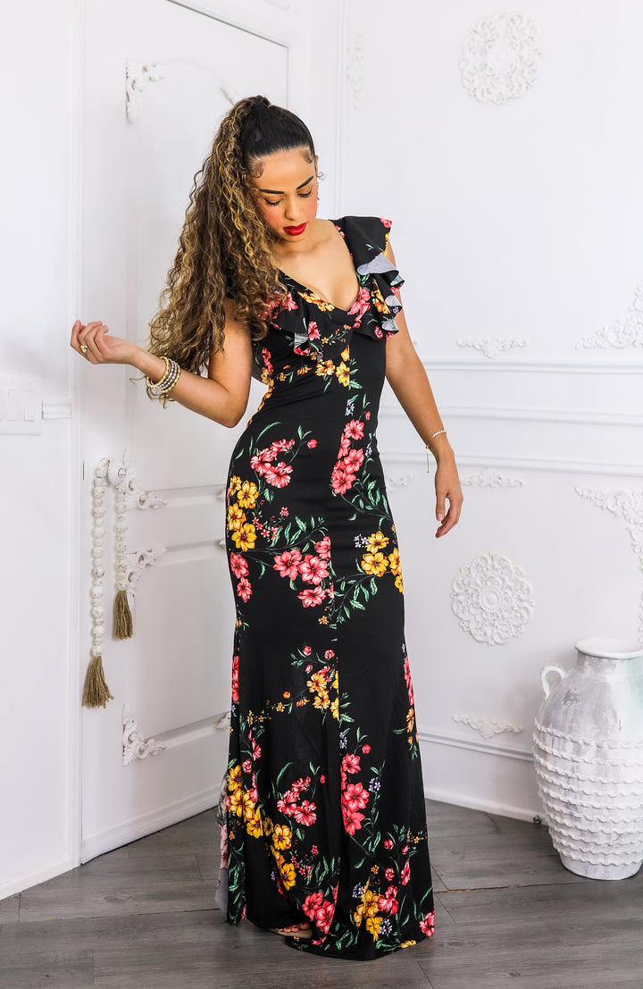 Two-Way Black Floral Ruffle Maxi Dress | SurelyMine