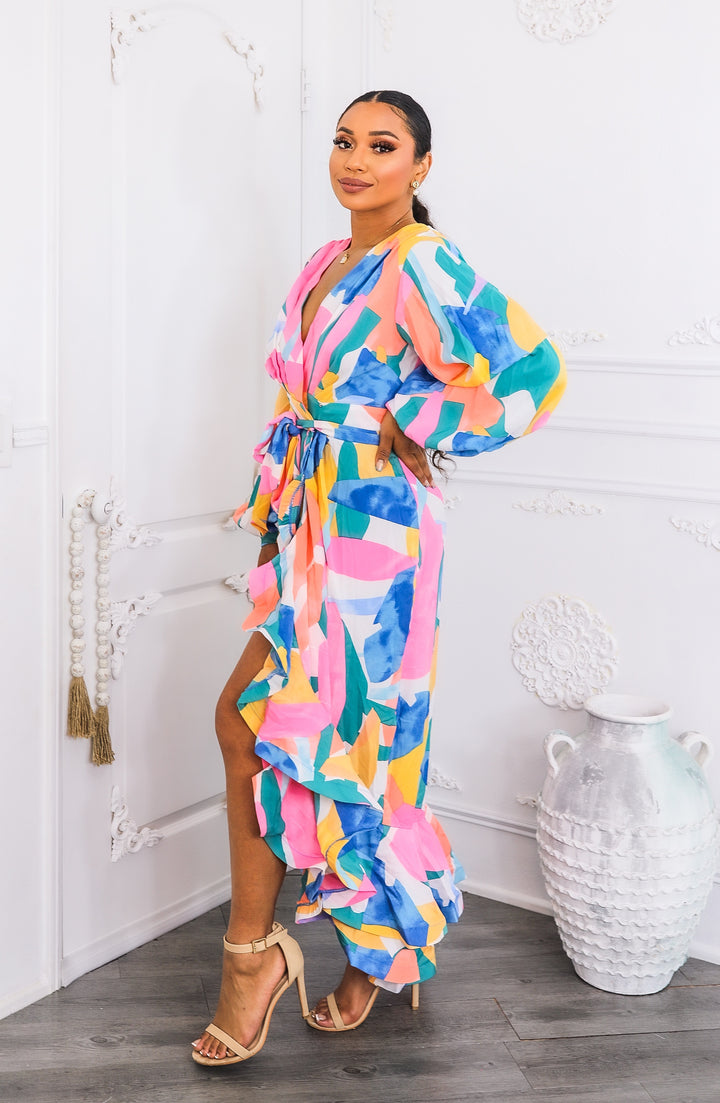 Color Splash Ruffle Wrap Maxi Dress with Balloon Sleeves