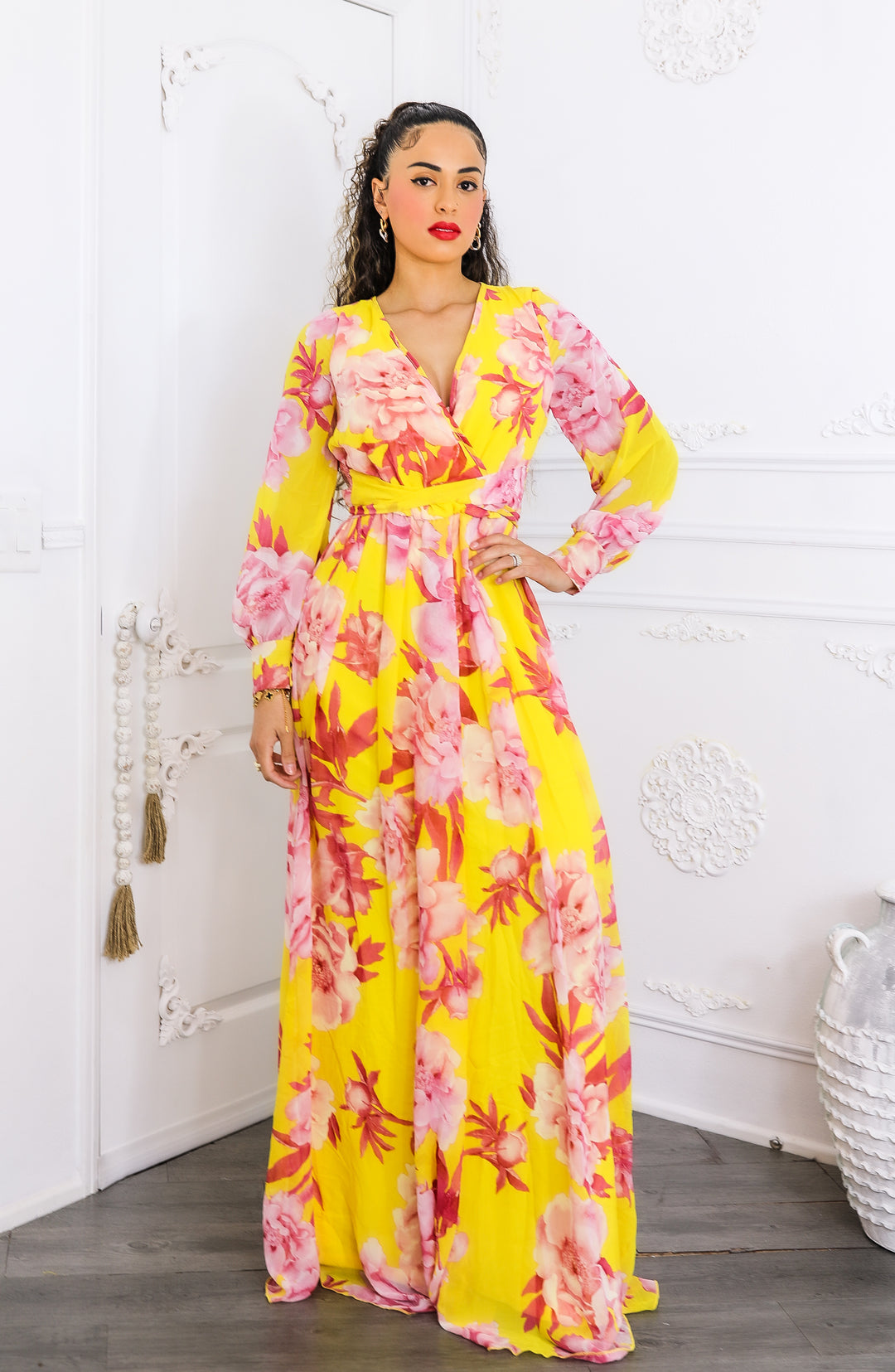 Sunset Bloom Maxi Dress – Yellow & Pink Floral Wrap Dress