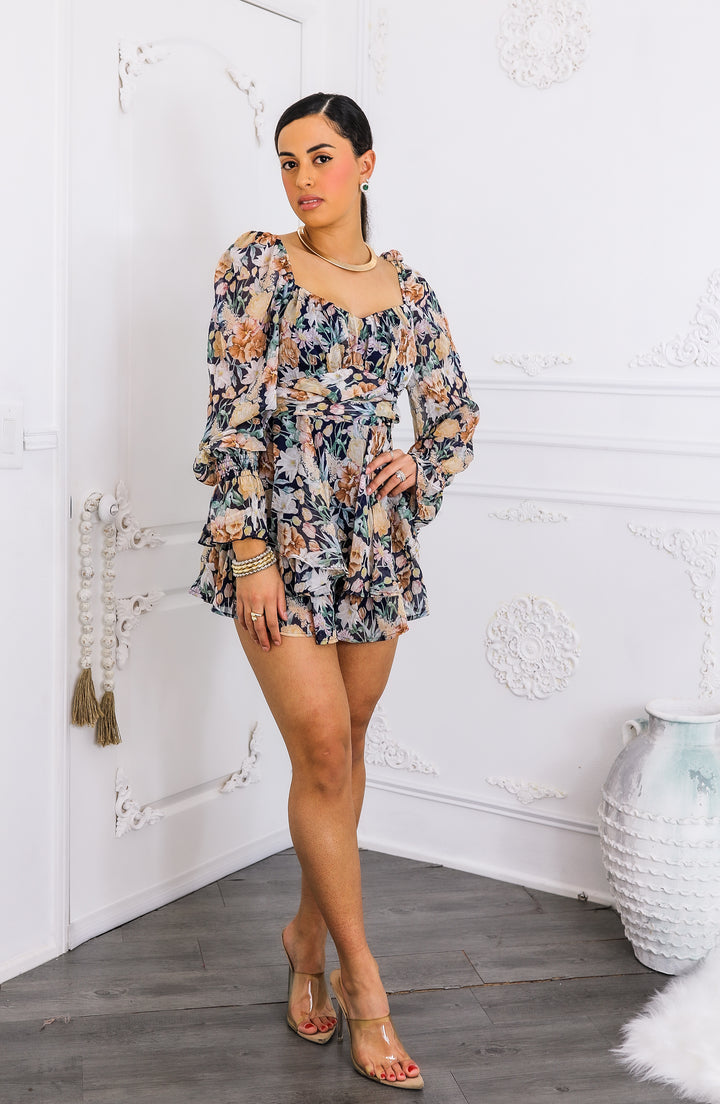 Floral Long Sleeve Ruffle Romper – Sweetheart Neckline