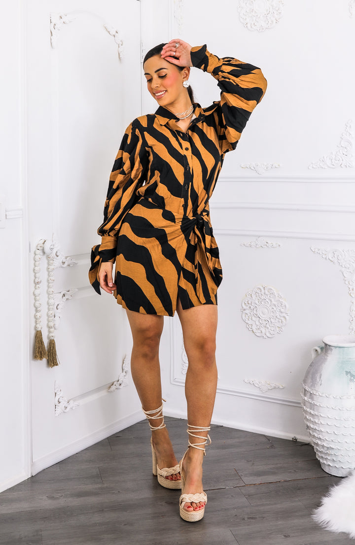 Bold Tiger Stripe Wrap Shirt Dress – Balloon Sleeve Mini