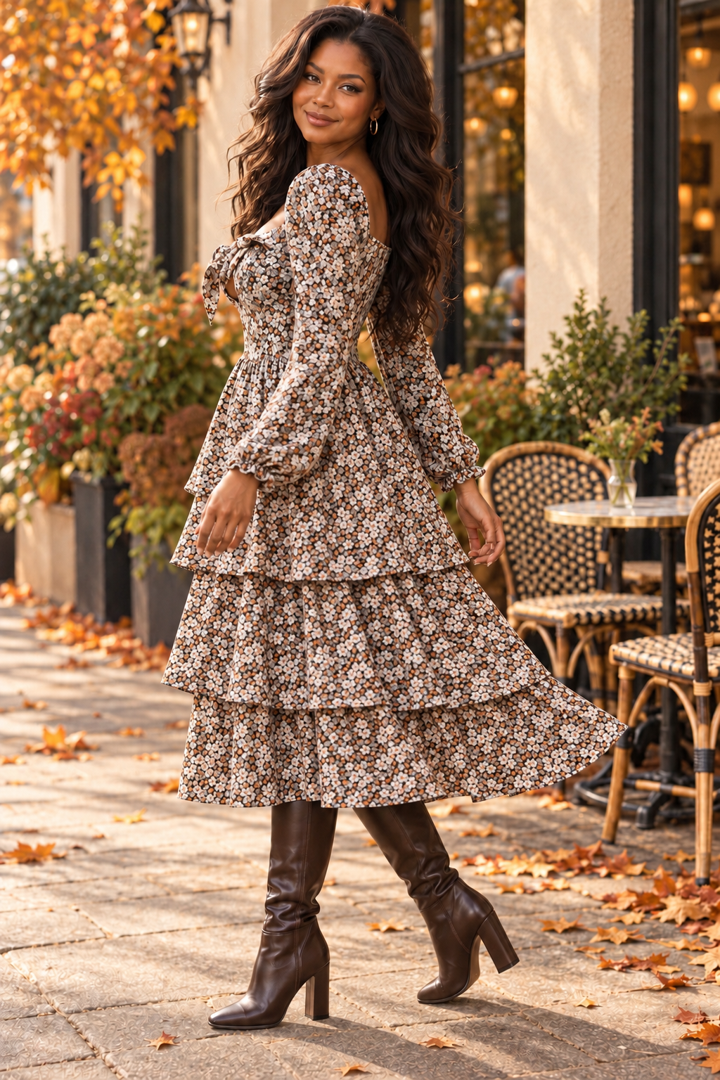 Tiered Floral Midi Dress – Brown Ditsy Long Sleeve Fall Dress