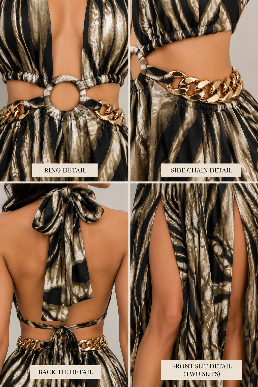 Zebra Print Halter Maxi Dress | Double Front Slit Cutout Gown with Chain Belt