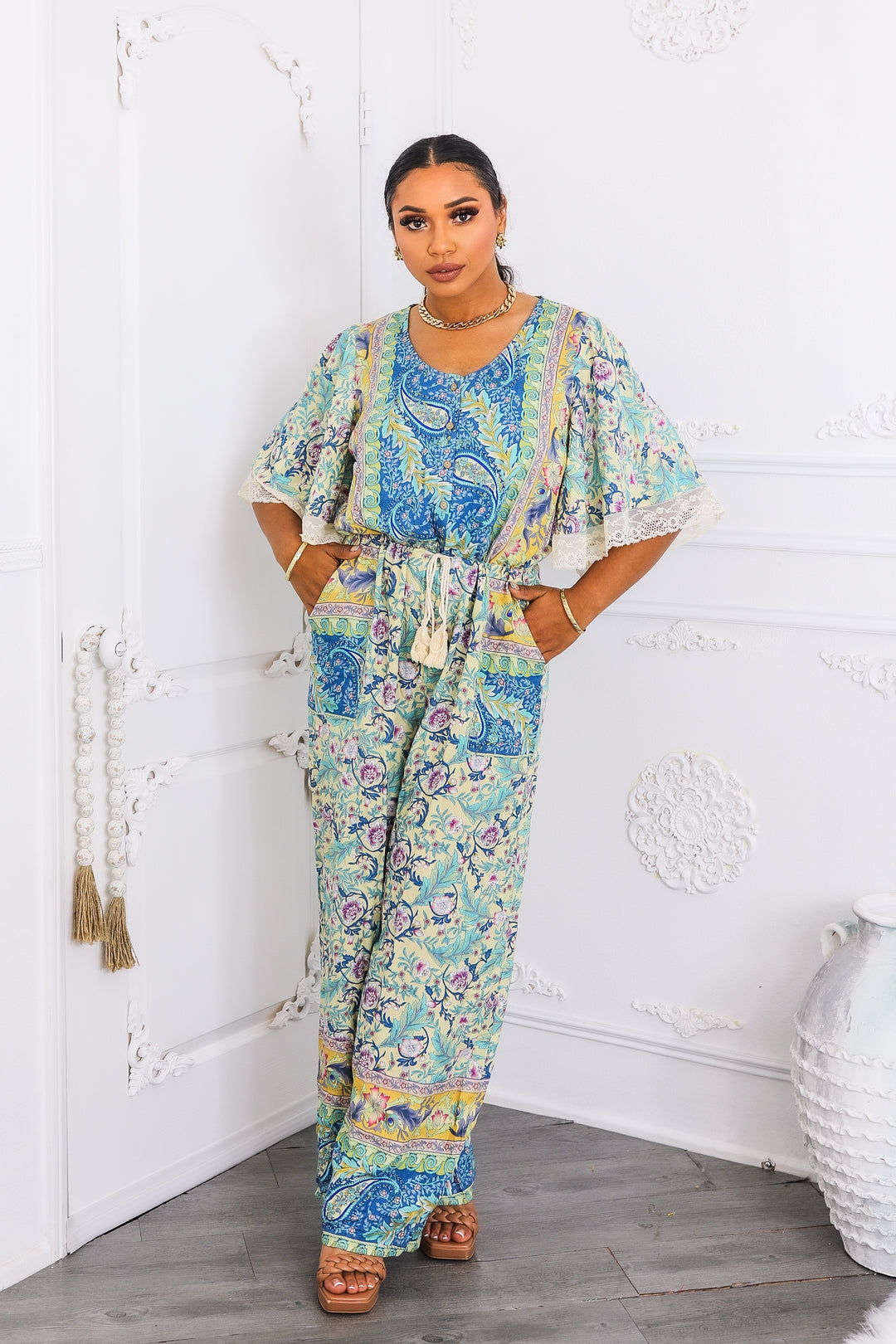 Boho Floral Print Jumpsuit with Lace Trim Sleeves
