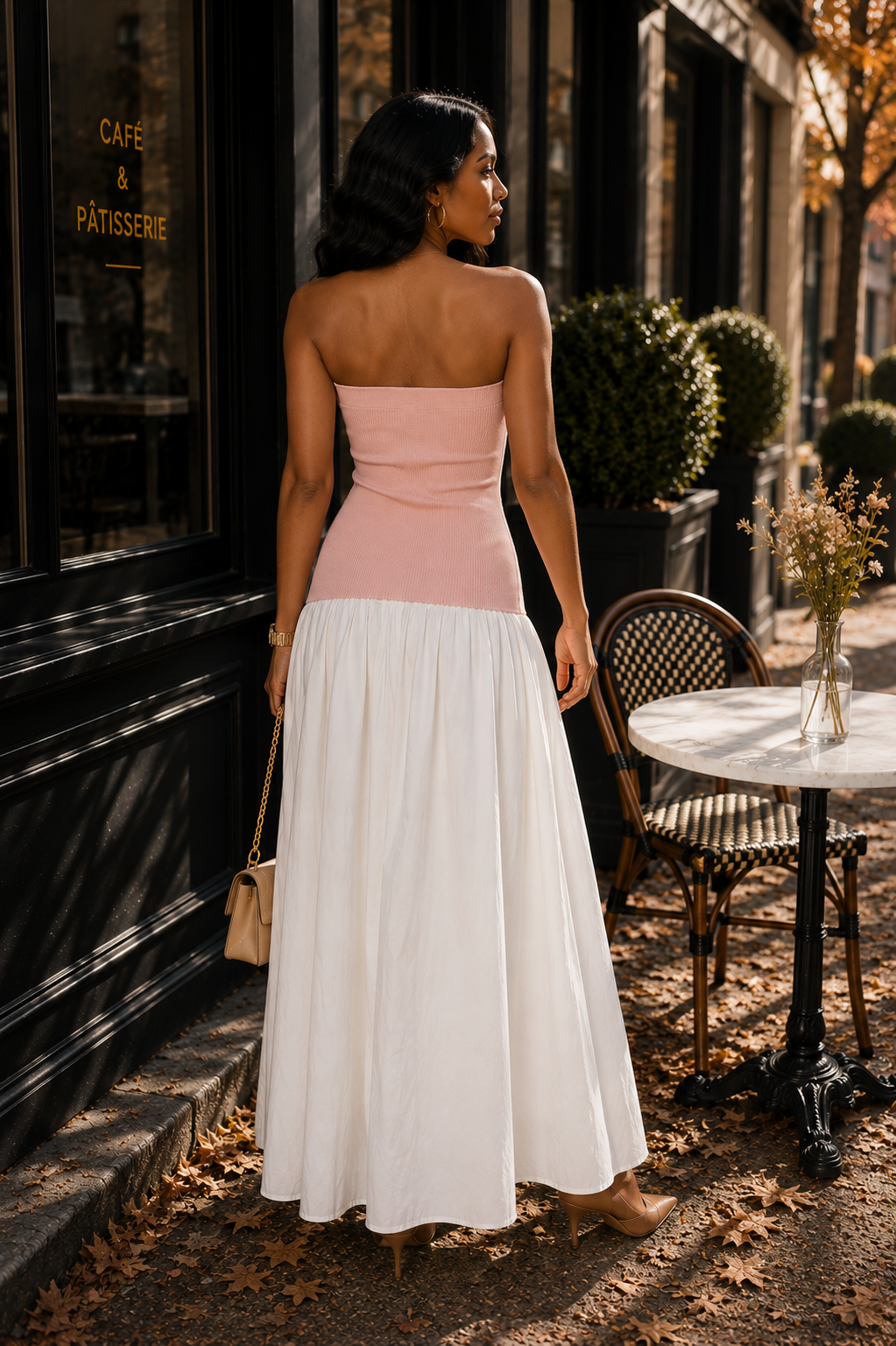 Strapless Button-Front Color Block Maxi Dress