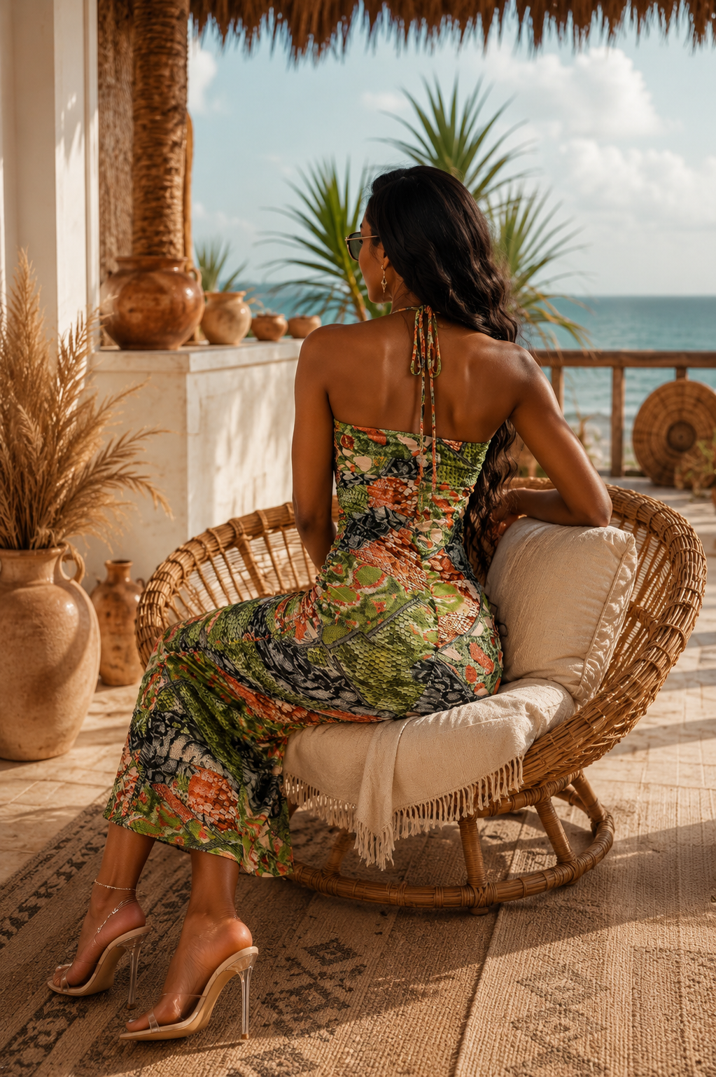 Printed Cutout Ruched Midi Dress