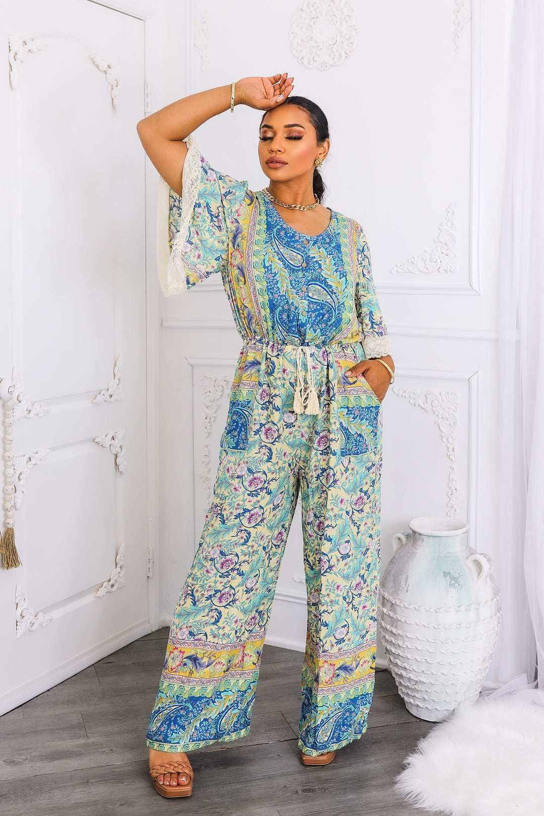 Boho Floral Print Jumpsuit with Lace Trim Sleeves