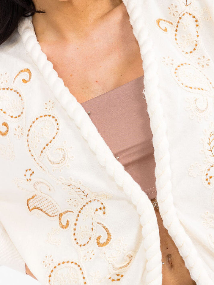 Ivory Paisley Embroidered Open Front Cardigan