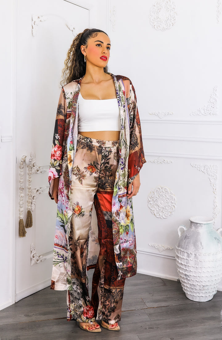 Golden Hour Boho Luxe Kimono Set – Printed Duster & Wide-Leg Pants