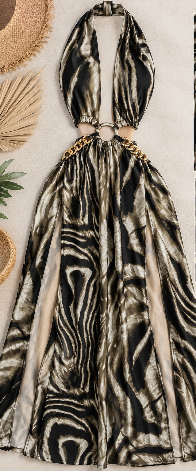 Zebra Print Halter Maxi Dress | Double Front Slit Cutout Gown with Chain Belt