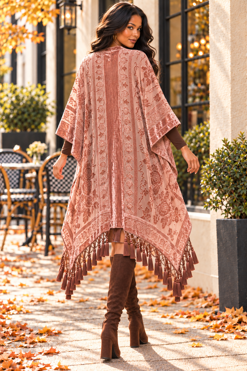 Velvet Burnout Tassel Kimono – Rose Pink Floral Boho Cover-Up
