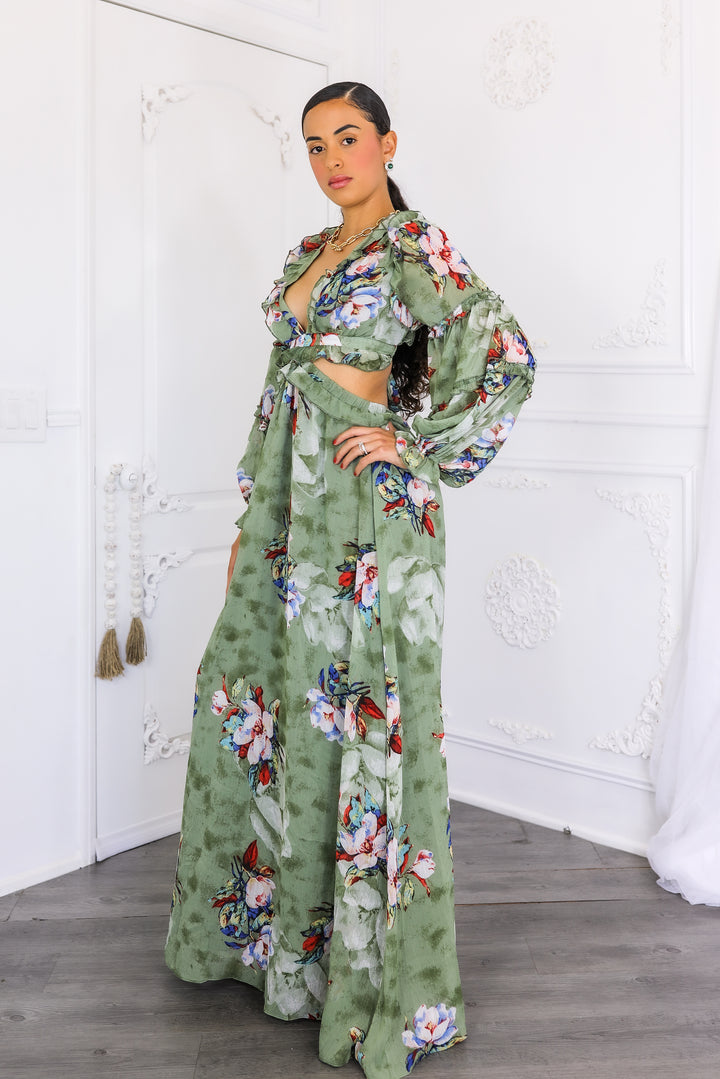 Resort Floral Bubble Sleeves Maxi Dress