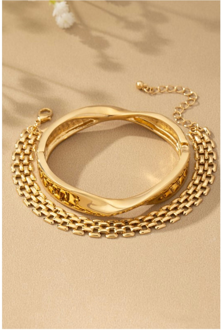 Twisted Gold Cuff & Double Chain Bracelet Set