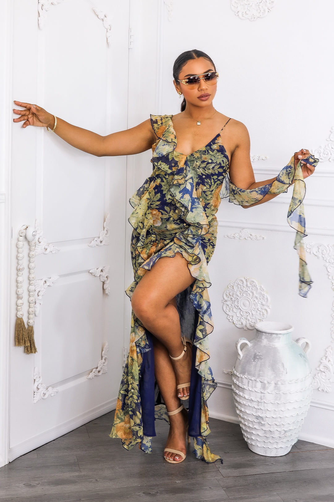 Floral Ruffle Maxi Dress with Slit