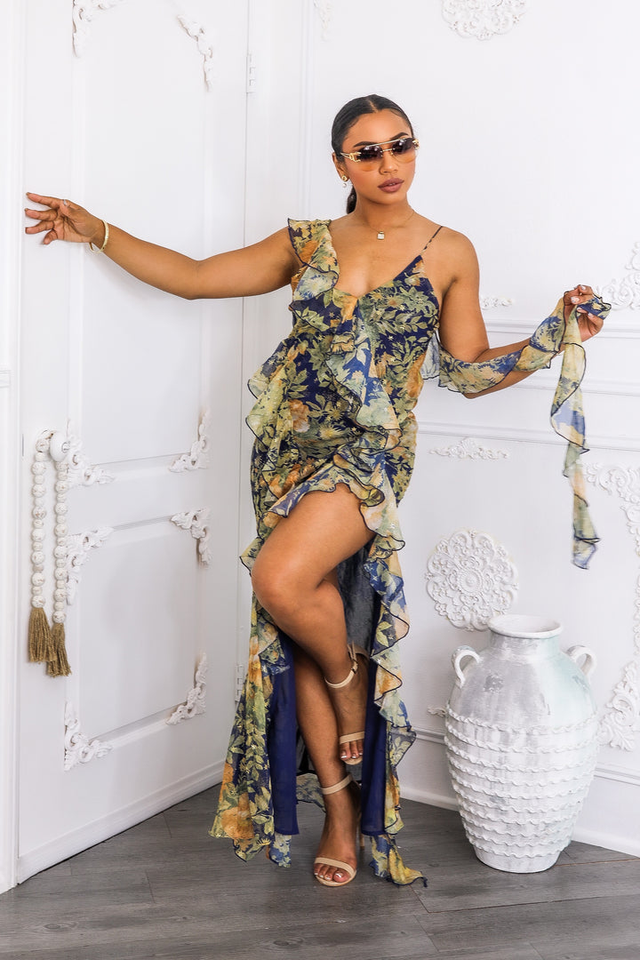 Floral Ruffle Maxi Dress with Slit