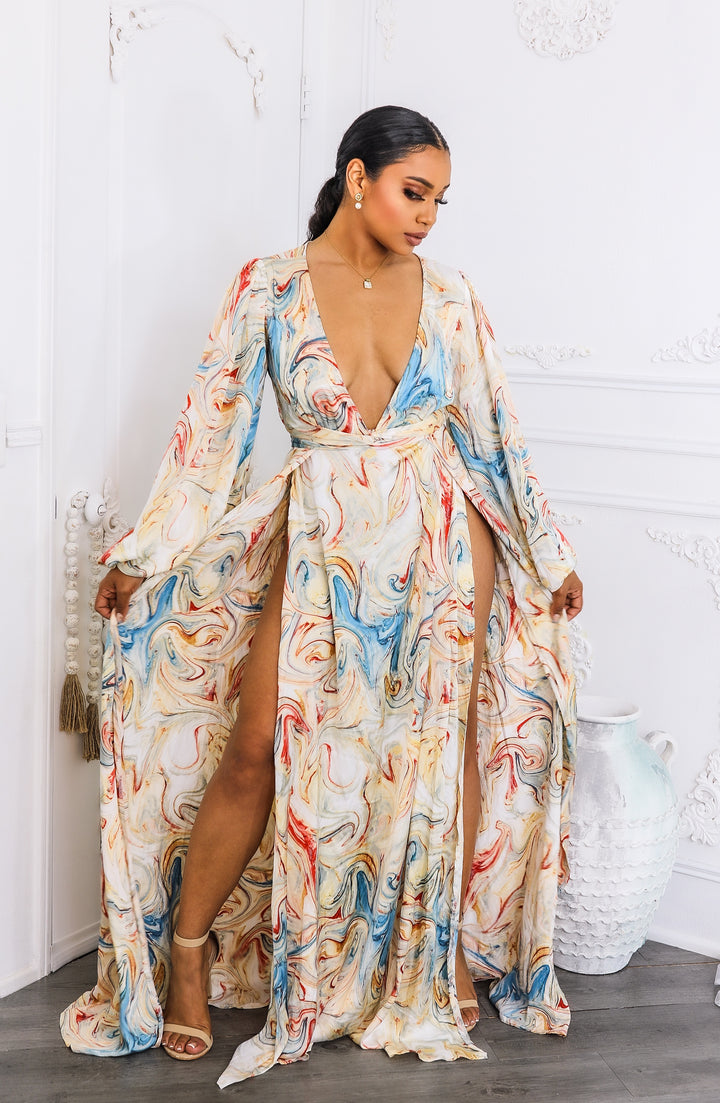 Marble Swirl Kimono Maxi Dress with Slits – Boho Resort Style