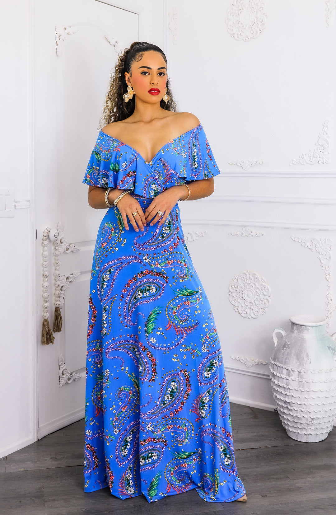 Blue Paisley On or Off-Shoulder Maxi Dress