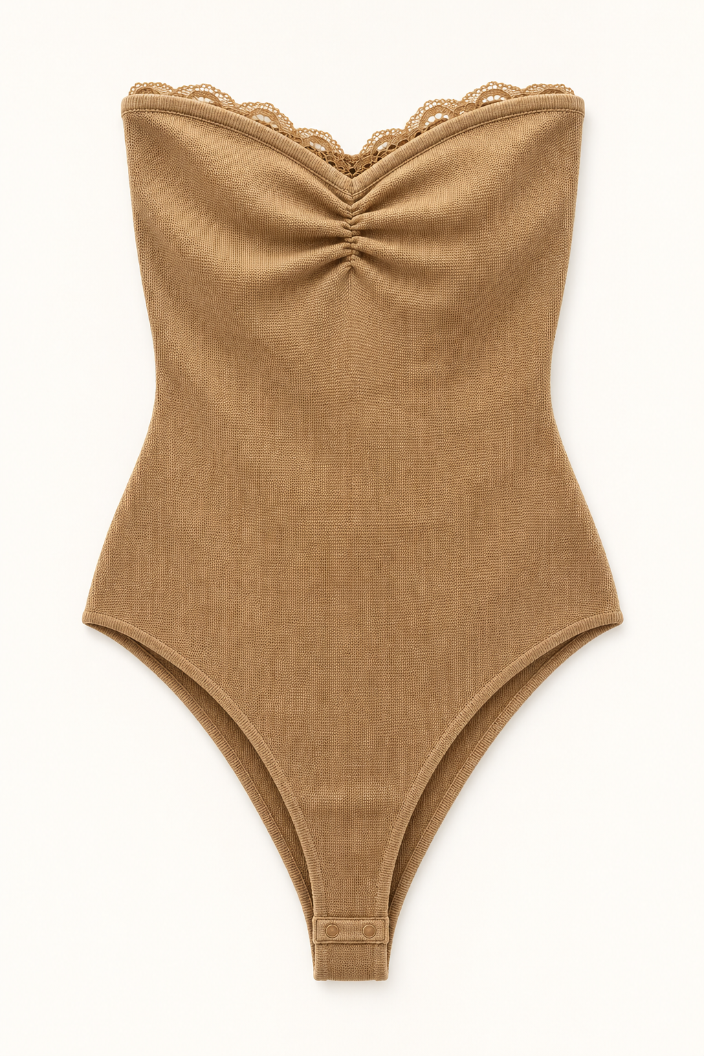 Strapless Lace Trim Bodysuit – Nude Camel Ruched Ribbed Knit