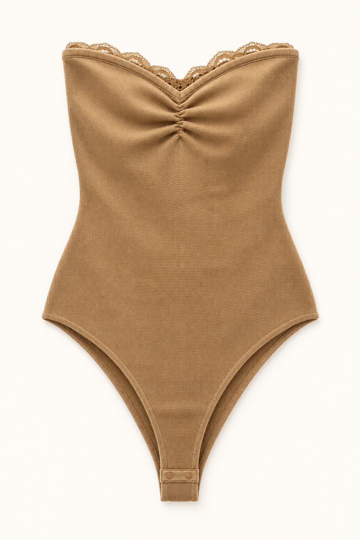 Strapless Lace Trim Bodysuit – Nude Camel Ruched Ribbed Knit