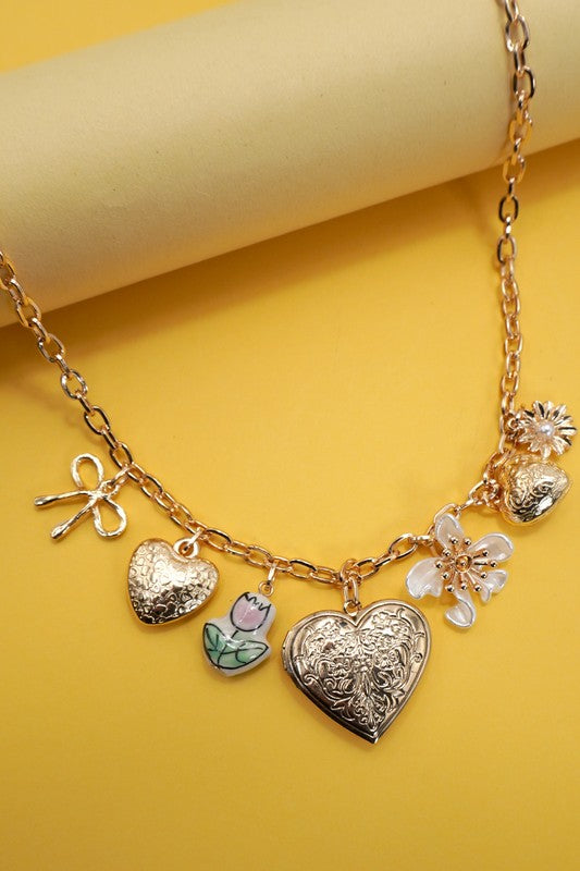 The Garden Heart Charm Necklace – Gold Heart & Porcelain Flower