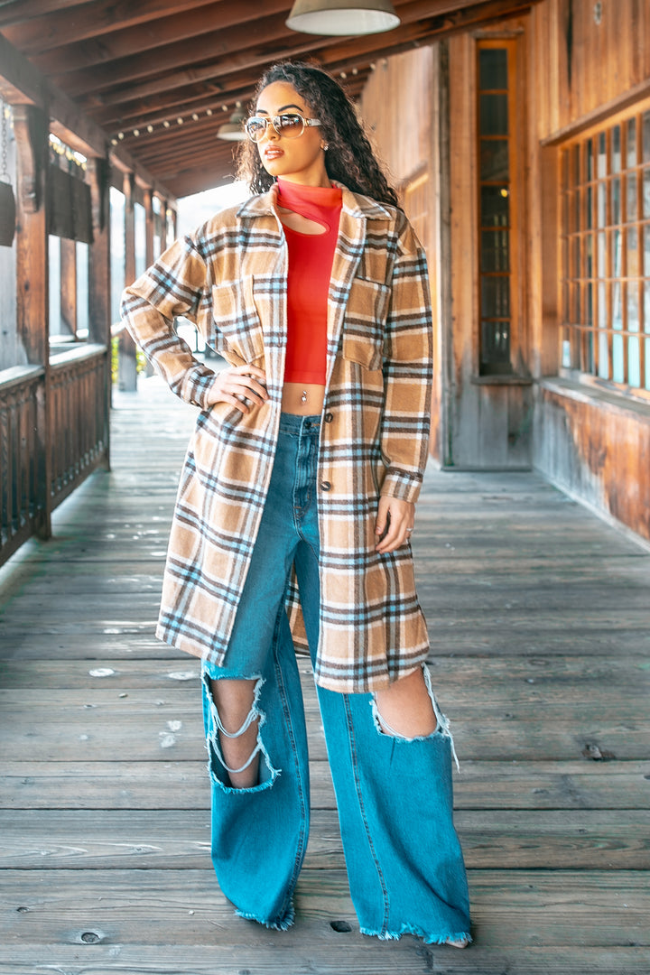 Camel Plaid Long Shacket – Oversized Button Down Coat for Women