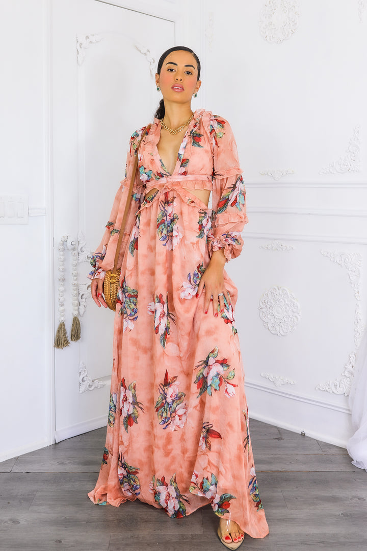 Resort Floral Bubble Sleeves Maxi Dress