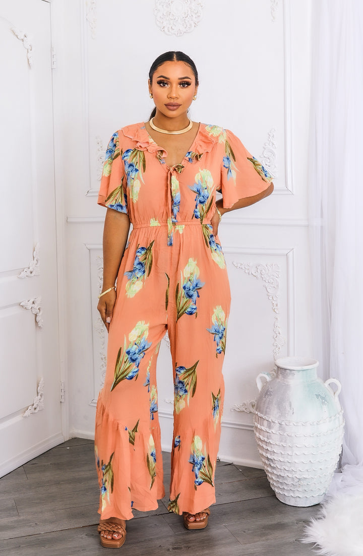 Peach Floral Ruffle Jumpsuit – Wide-Leg Summer One-Piece