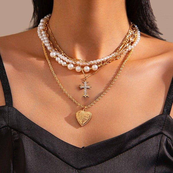 Layered Pearl & Gold Pendant Necklace Set – Cross & Heart Charms