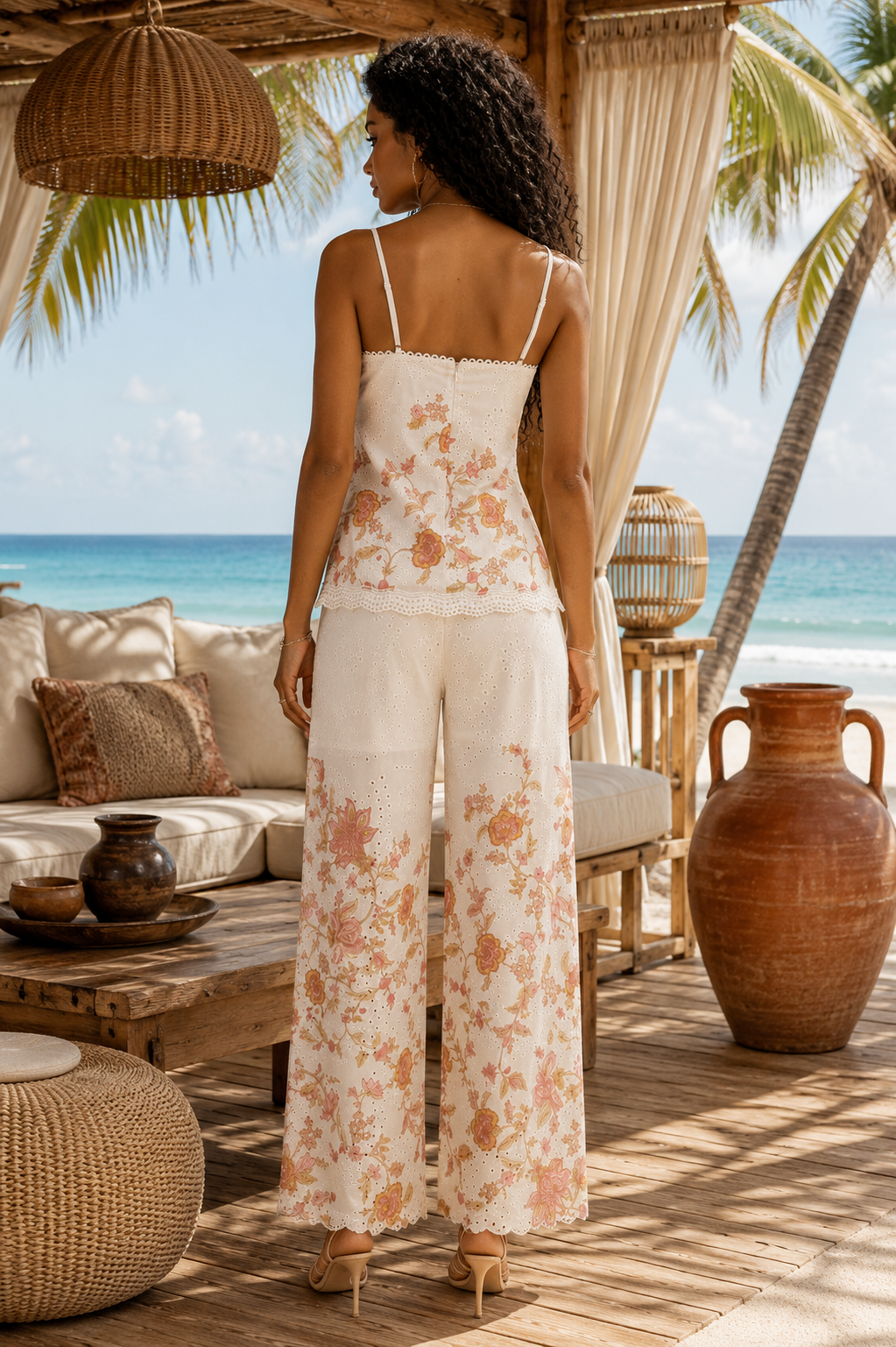 Blush Coast Eyelet Palazzo Set | Floral Resort Two Piece Set