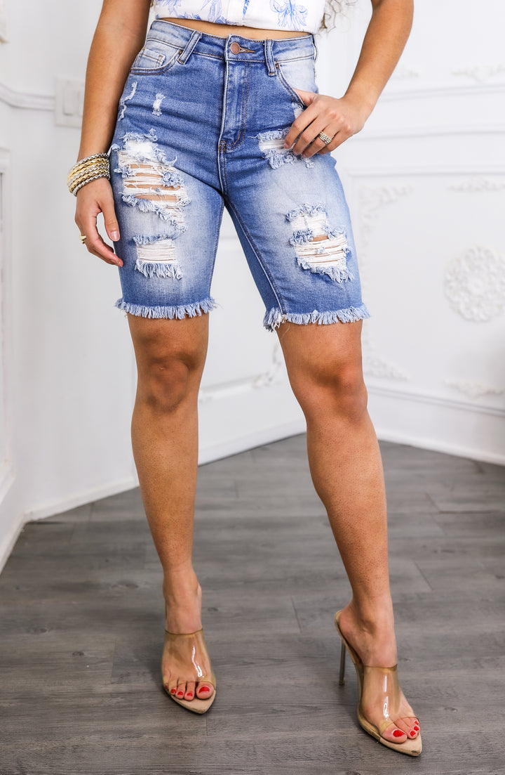 Distressed High-Rise Bermuda Denim Shorts with Frayed Hem