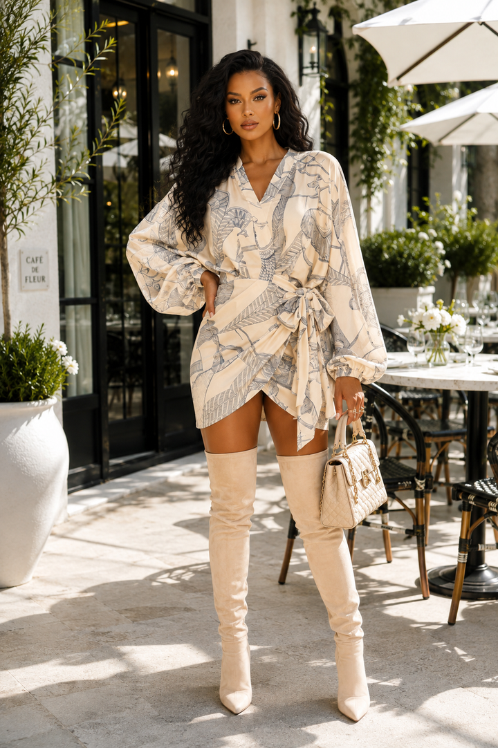 Santorini Escape Printed Wrap Mini Dress