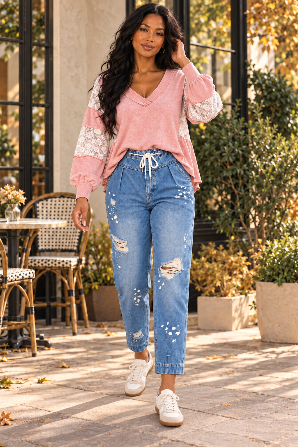 Paperbag Waist Jeans – Medium Wash Distressed Paint Splatter