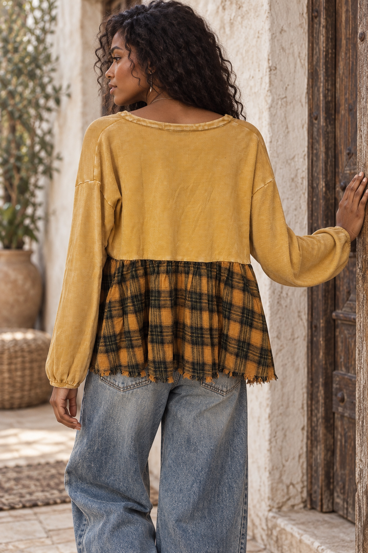 Mustard Waffle Knit Plaid Peplum Top – Boho Frayed Hem Henley Tunic