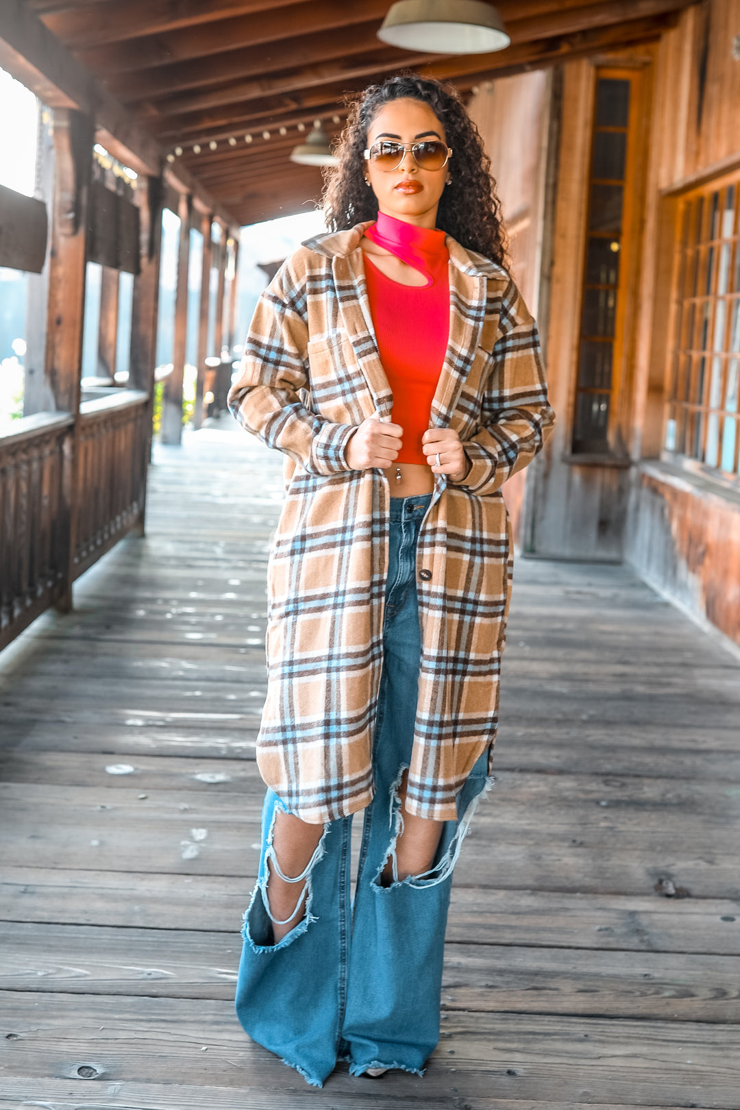 Camel Plaid Long Shacket – Oversized Button Down Coat for Women