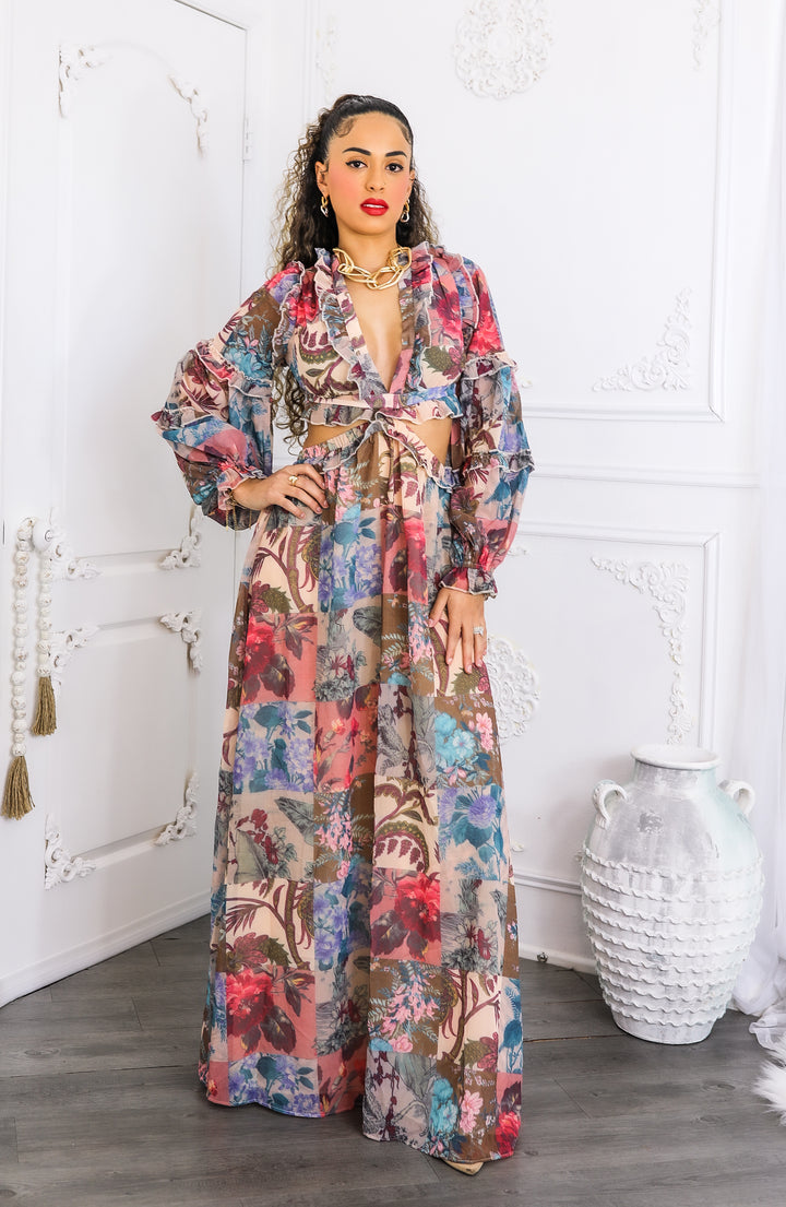 Patchwork Floral Maxi Dress – Plunge Ruffle Cutout Style