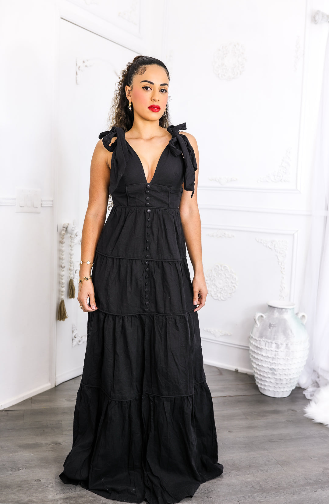 Black Tiered Maxi Dress – Tie Shoulder Button Front Slit