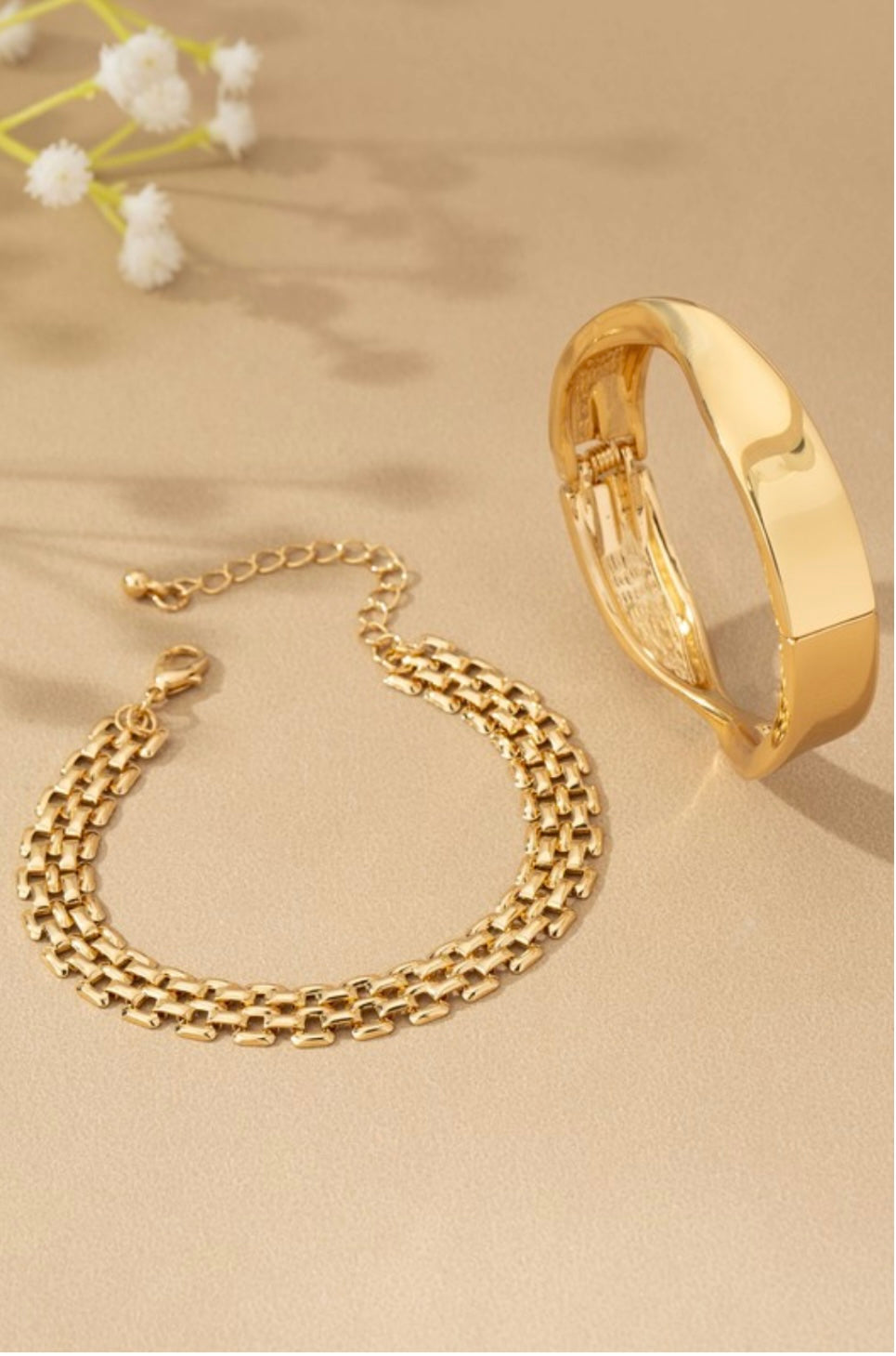 Twisted Gold Cuff & Double Chain Bracelet Set