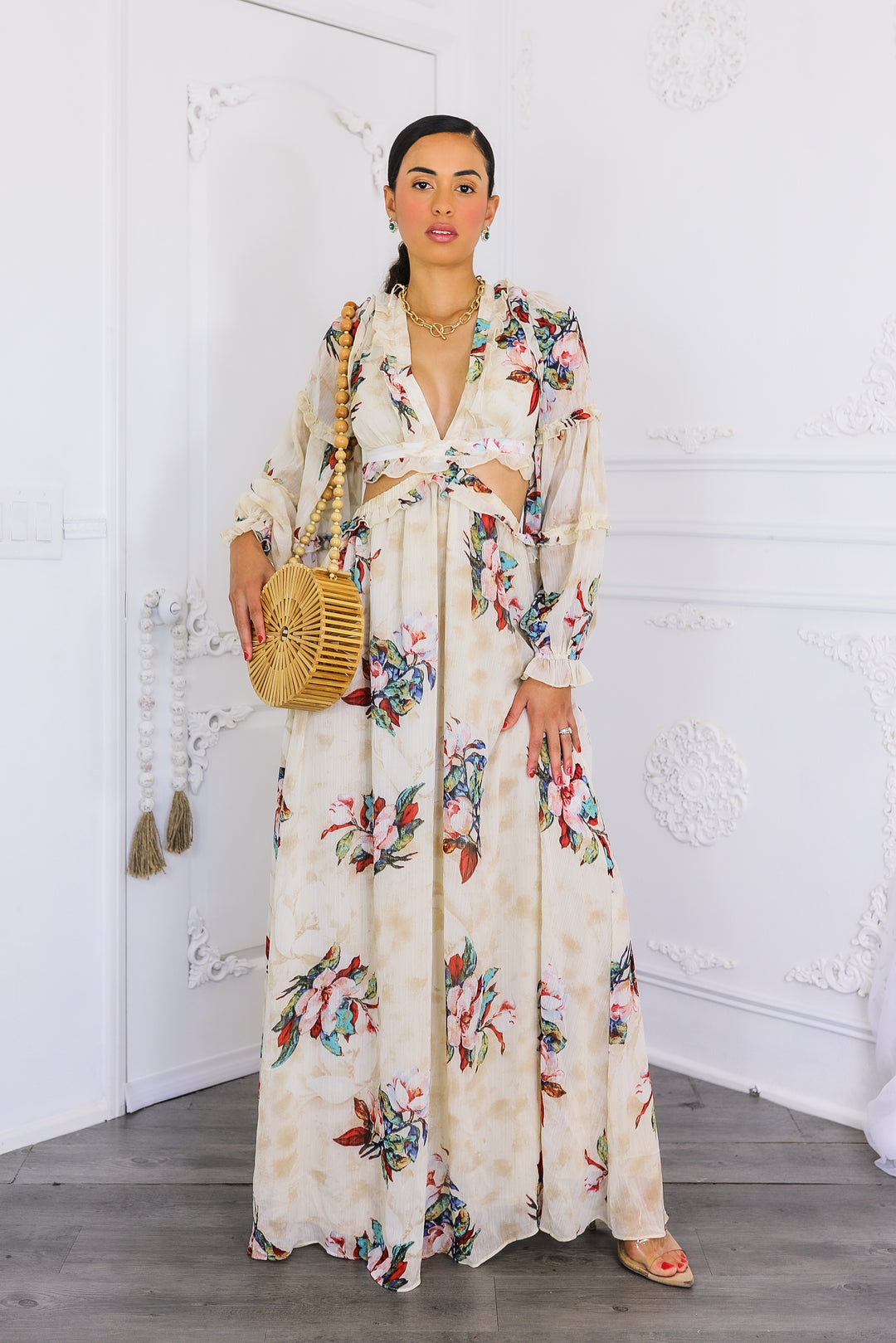 Resort Floral Bubble Sleeves Maxi Dress