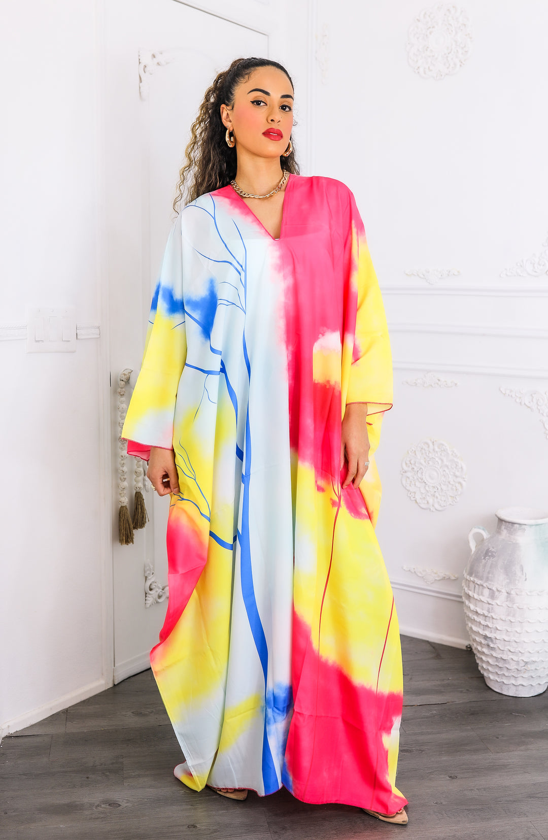 Colorburst Abstract Kimono Maxi Dress – Flowy V-Neck Style