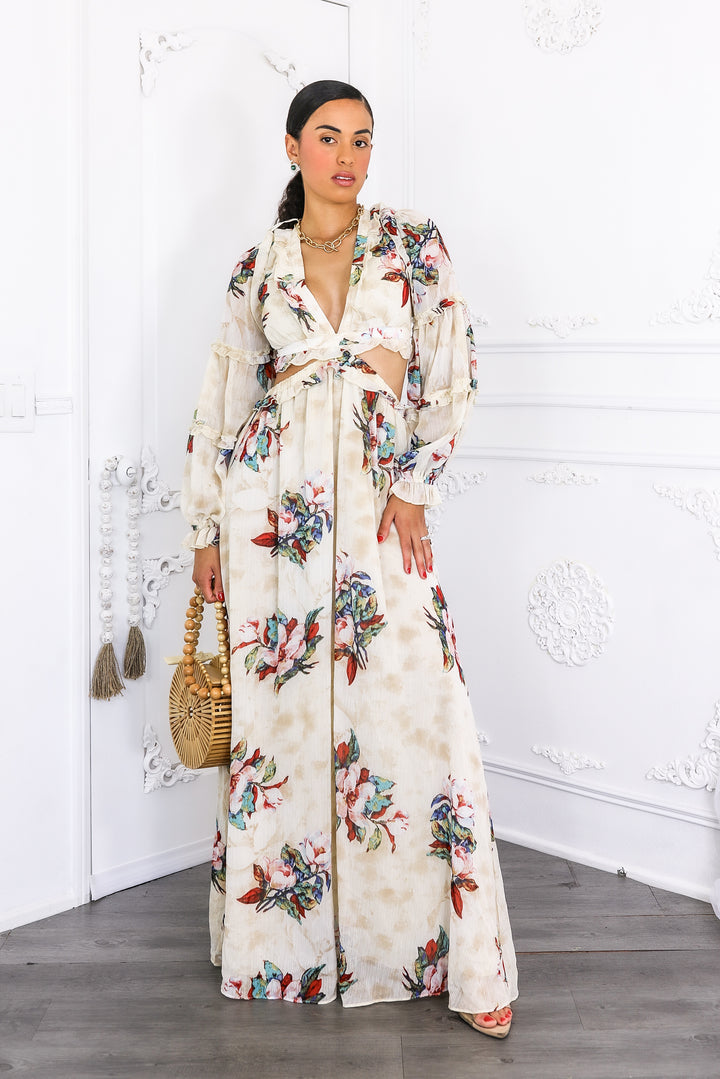 Resort Floral Bubble Sleeves Maxi Dress